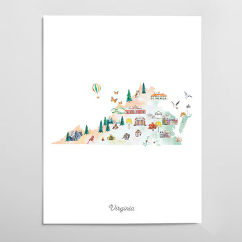 The image is a watercolor map of Virginia, depicting various landmarks and scenes from the state.