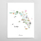 The image is a colorful and whimsical illustration of Florida, featuring various elements such as palm trees, hot air balloons, and marine life.