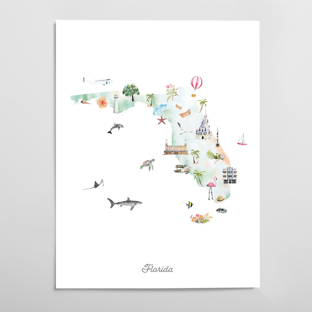 The image is a colorful and whimsical illustration of Florida, featuring various elements such as palm trees, hot air balloons, and marine life.