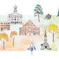 The image is a collage of various architectural structures, including a church, a building with a clock tower, and a tree with yellow leaves.