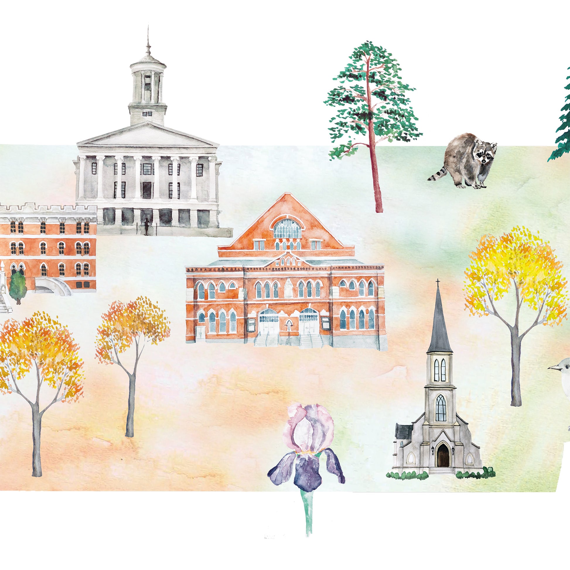 The image is a collage of various architectural structures, including a church, a building with a clock tower, and a tree with yellow leaves.
