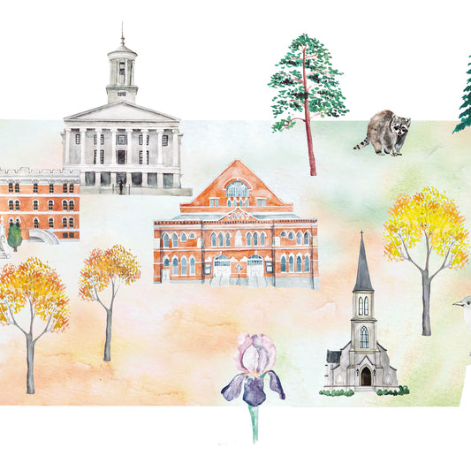 The image is a collage of various architectural structures, including a church, a building with a clock tower, and a tree with yellow leaves.