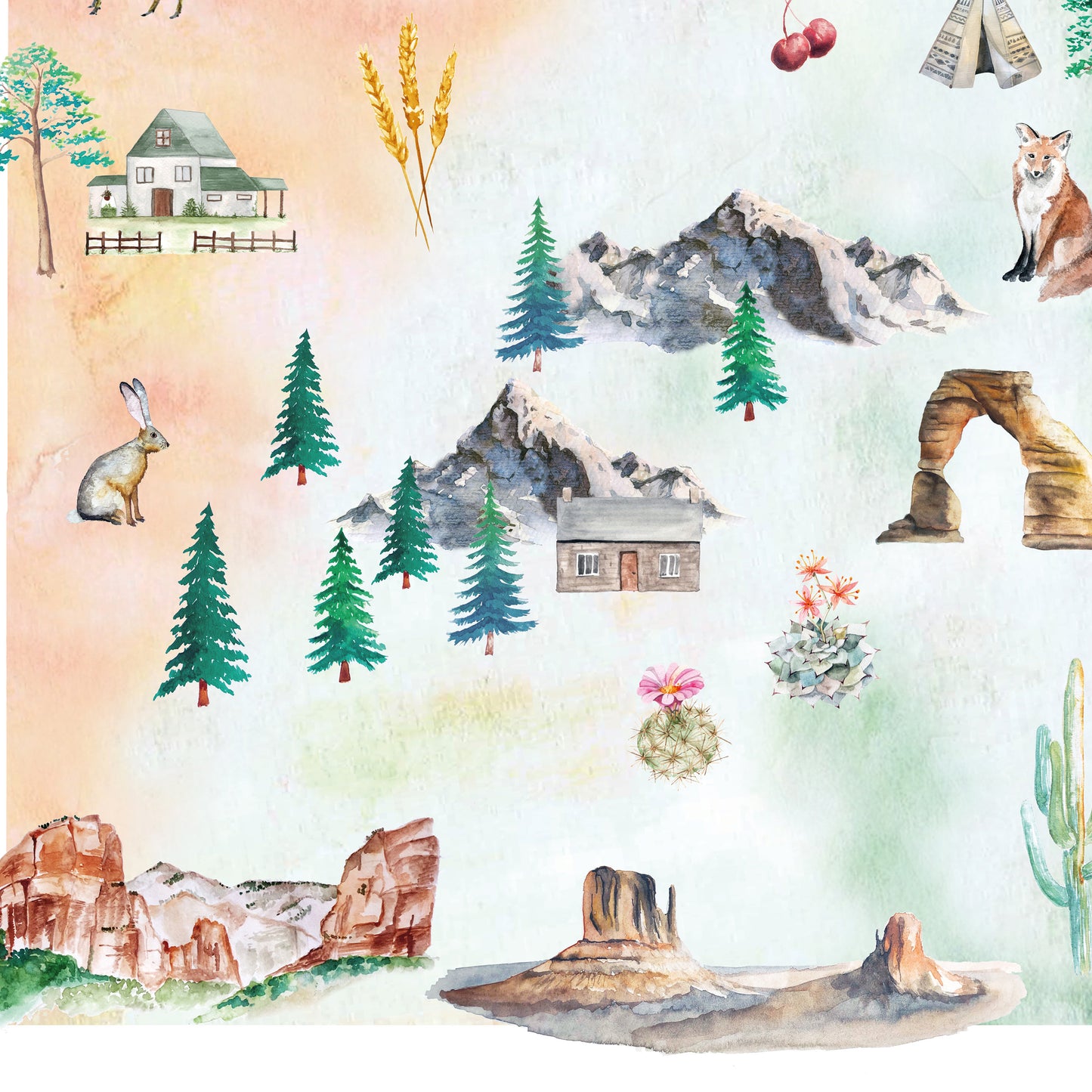 The image is a collage of various elements representing a rural or countryside setting, including a house, pine trees, mountains, a rabbit, a cactus, and other natural elements.