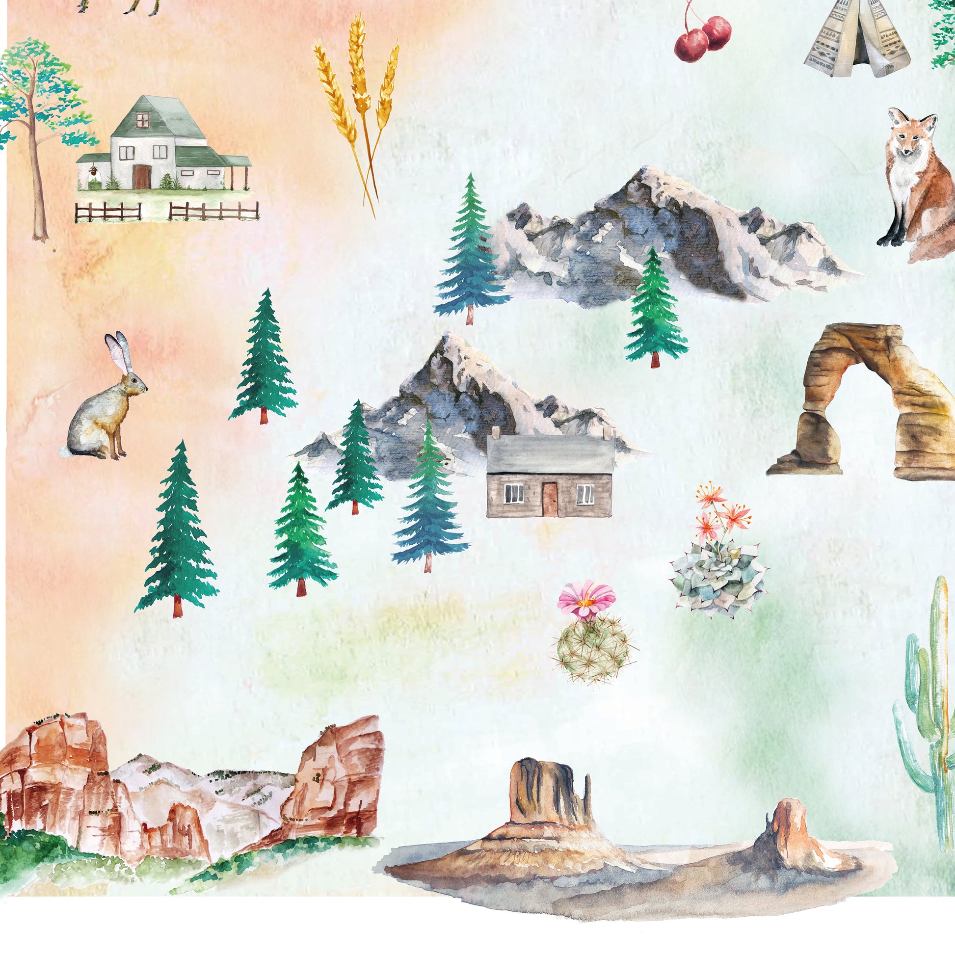 The image is a collage of various elements representing a rural or countryside setting, including a house, pine trees, mountains, a rabbit, a cactus, and other natural elements.