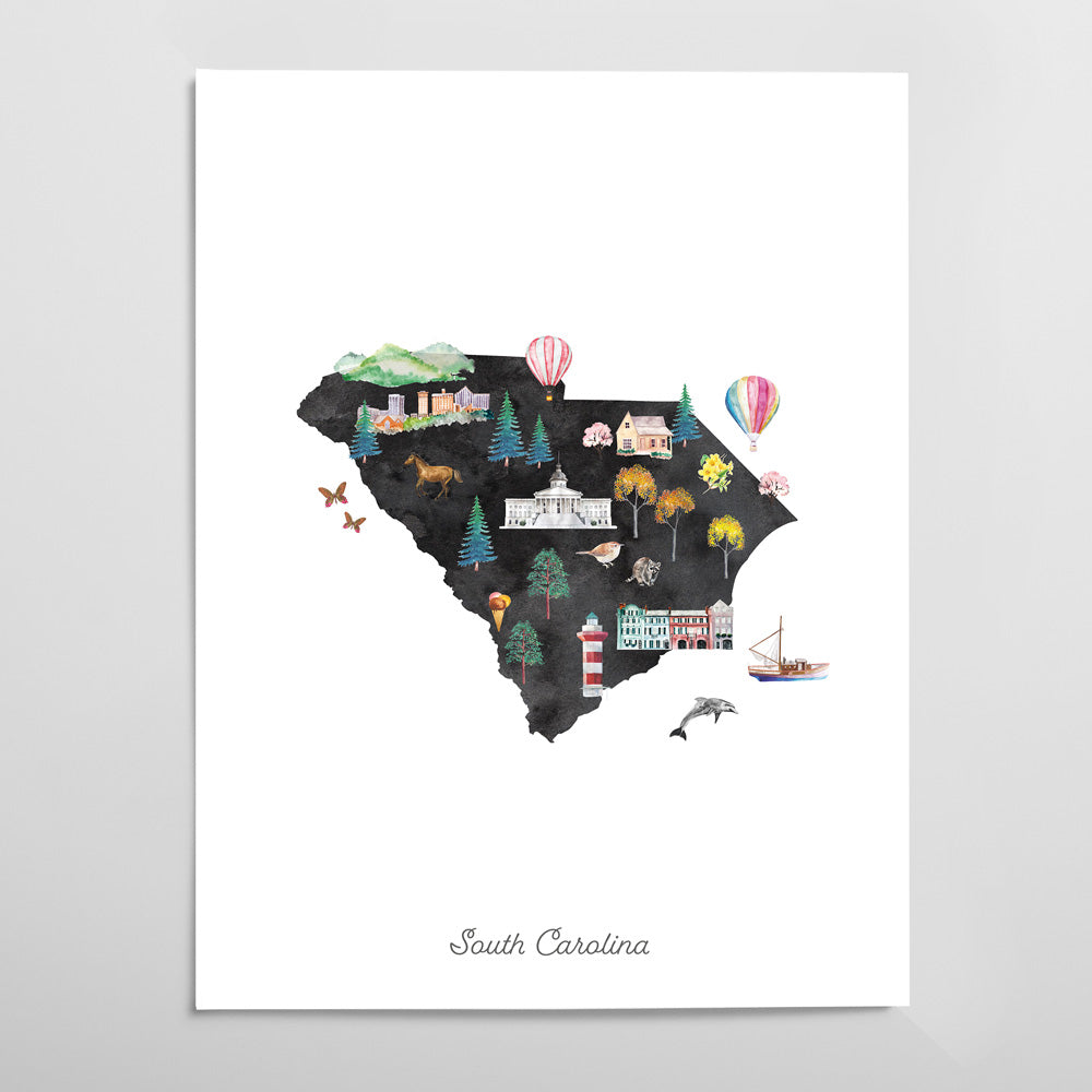 The image is a watercolor illustration depicting various landmarks and scenes from the state of South Carolina, including a hot air balloon, a lighthouse, a boat, and a bird.