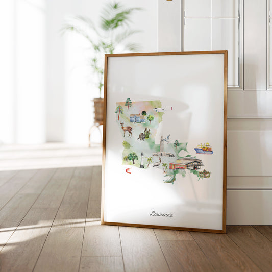 a framed illustration of Louisiana, showcasing various landmarks and scenes from the state.