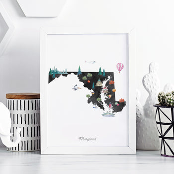 A framed illustration of the state of Maryland, featuring various landmarks and elements such as a hot air balloon, cacti, and a bird.