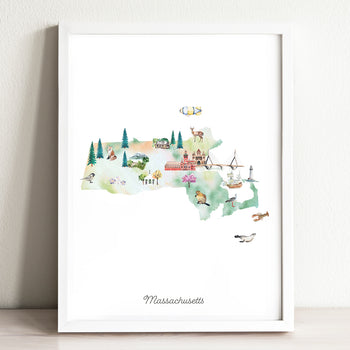 The image is a framed watercolor illustration depicting various landmarks and scenes from Massachusetts, including a castle, a lighthouse, a bird, and a deer.