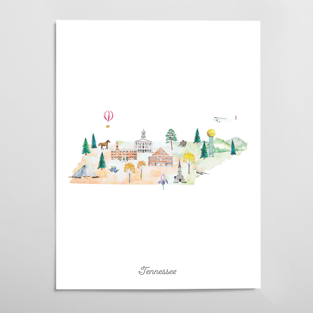 A watercolor illustration depicting various landmarks and scenes from Tennessee, including a hot air balloon, a church, a lighthouse, and a horse.