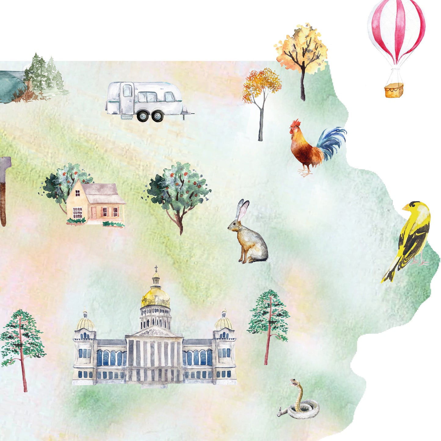 The image is a colorful and whimsical collage featuring various elements such as a house, a truck, a hot air balloon, a rooster, a rabbit, a tree, and a building with a dome.