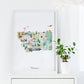 a framed watercolor painting of Montana, with various illustrations of landmarks, animals, and natural elements. The painting is displayed on a white shelf, and there is a potted plant next to it.