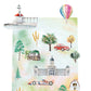 The image is a collage of various watercolor illustrations, including a lighthouse, a hot air balloon, a car, a tree, a house, a building, and a barn.