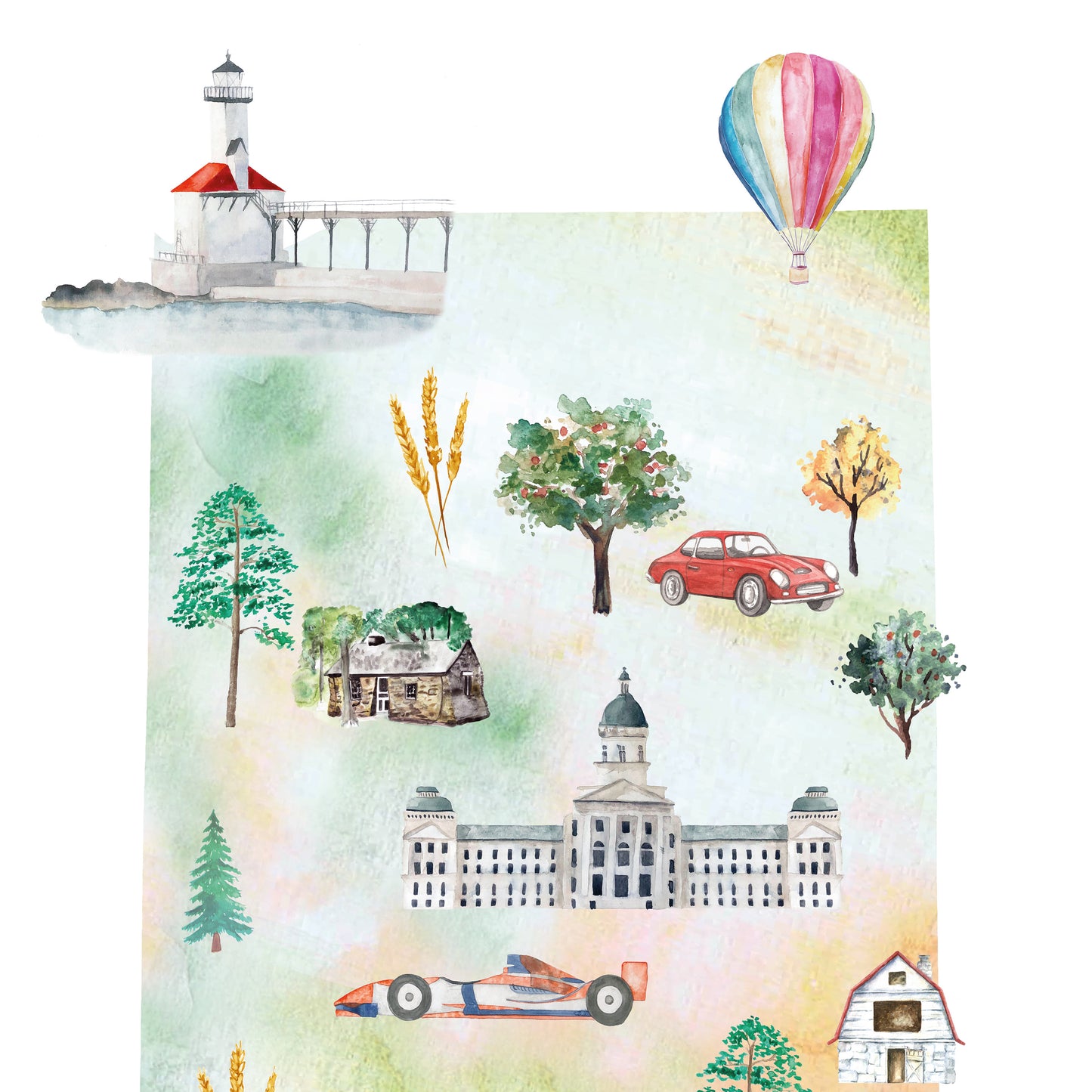 The image is a collage of various watercolor illustrations, including a lighthouse, a hot air balloon, a car, a tree, a house, a building, and a barn.
