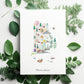 a colorful illustration of Rhode Island, surrounded by various natural elements such as leaves and plants.