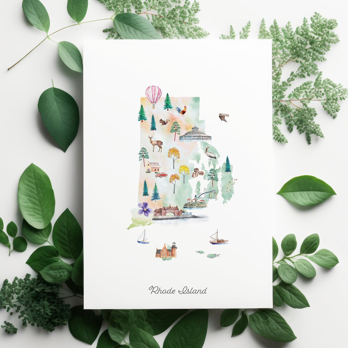 a colorful illustration of Rhode Island, surrounded by various natural elements such as leaves and plants.