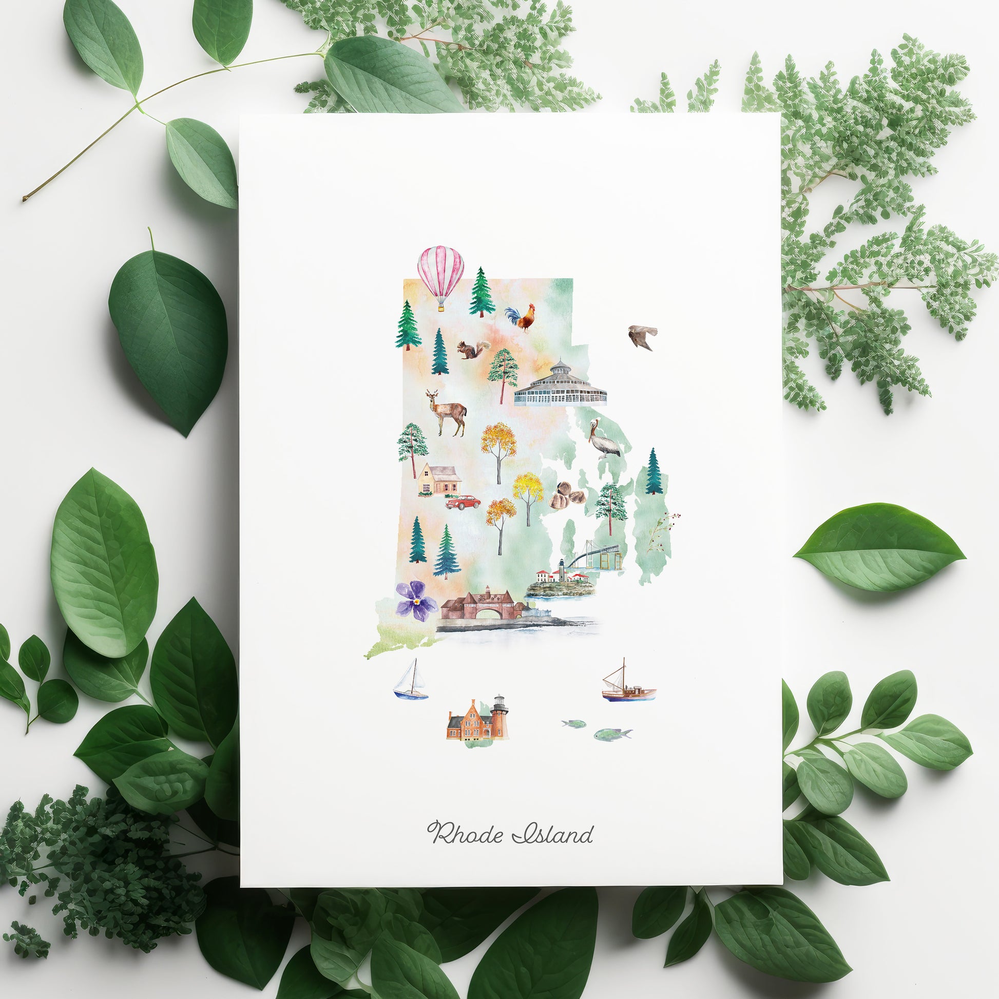 a colorful illustration of Rhode Island, surrounded by various natural elements such as leaves and plants.