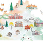The image is a collage of various architectural structures and natural elements, including buildings, trees, flowers, and animals, all set against a watercolor background.