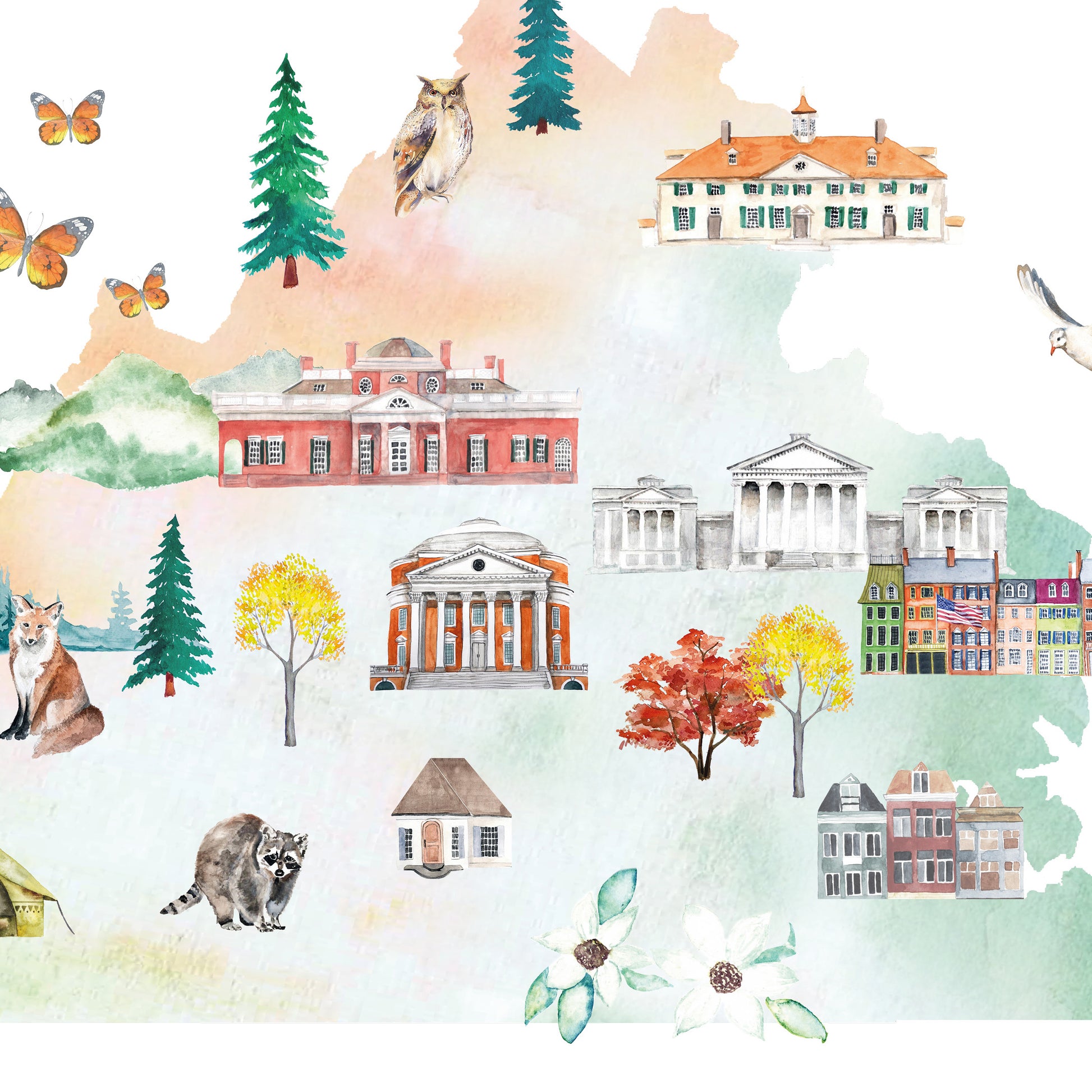 The image is a collage of various architectural structures and natural elements, including buildings, trees, flowers, and animals, all set against a watercolor background.