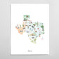 The image is a watercolor illustration of the state of Texas, depicting various landmarks, symbols, and elements associated with the state.