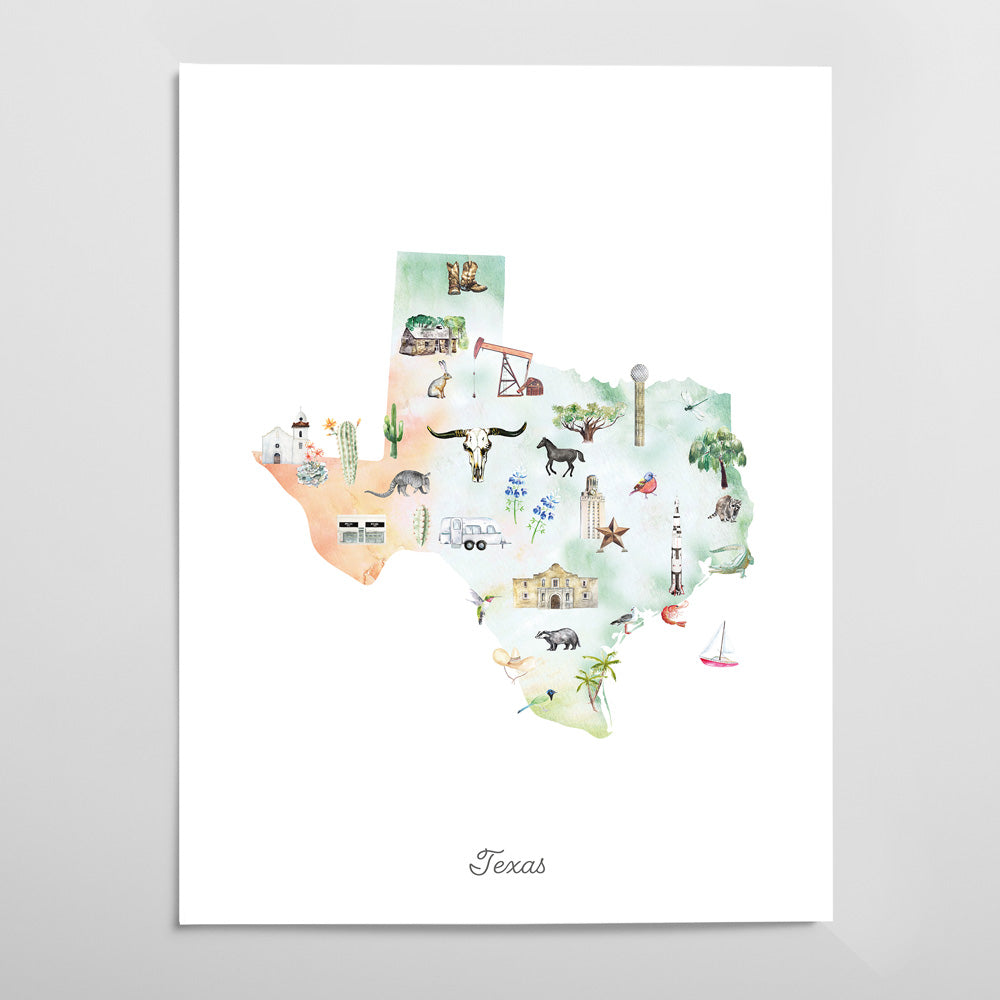The image is a watercolor illustration of the state of Texas, depicting various landmarks, symbols, and elements associated with the state.