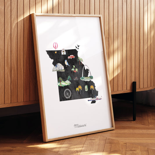 The image is a framed poster depicting various landmarks and symbols associated with the state of Missouri.