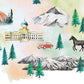 The image is a watercolor painting depicting a scenic landscape with a large building, a red car, a horse, pine trees, and mountains.