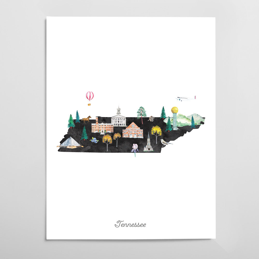 A watercolor illustration depicting various landmarks and scenes from Tennessee, including a hot air balloon, a church, a castle, and a hot air balloon.