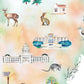 a variety of illustrations, including a deer, a rabbit, a house, a fountain, a building, a bird, and a tree.