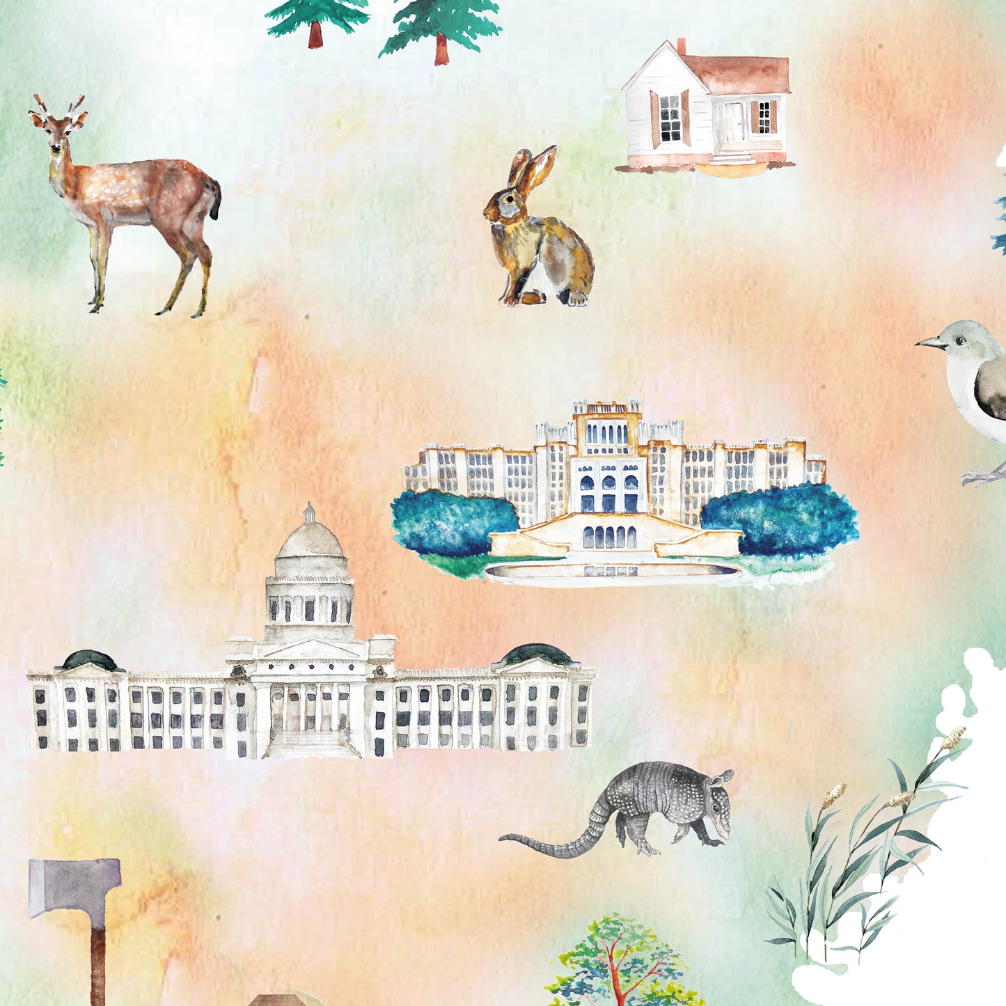 a variety of illustrations, including a deer, a rabbit, a house, a fountain, a building, a bird, and a tree.