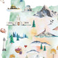 The image is a collage of various watercolor-style illustrations depicting different landscapes, buildings, and objects, including mountains, pine trees, a lighthouse, a crab, grapes, and a wine glass.