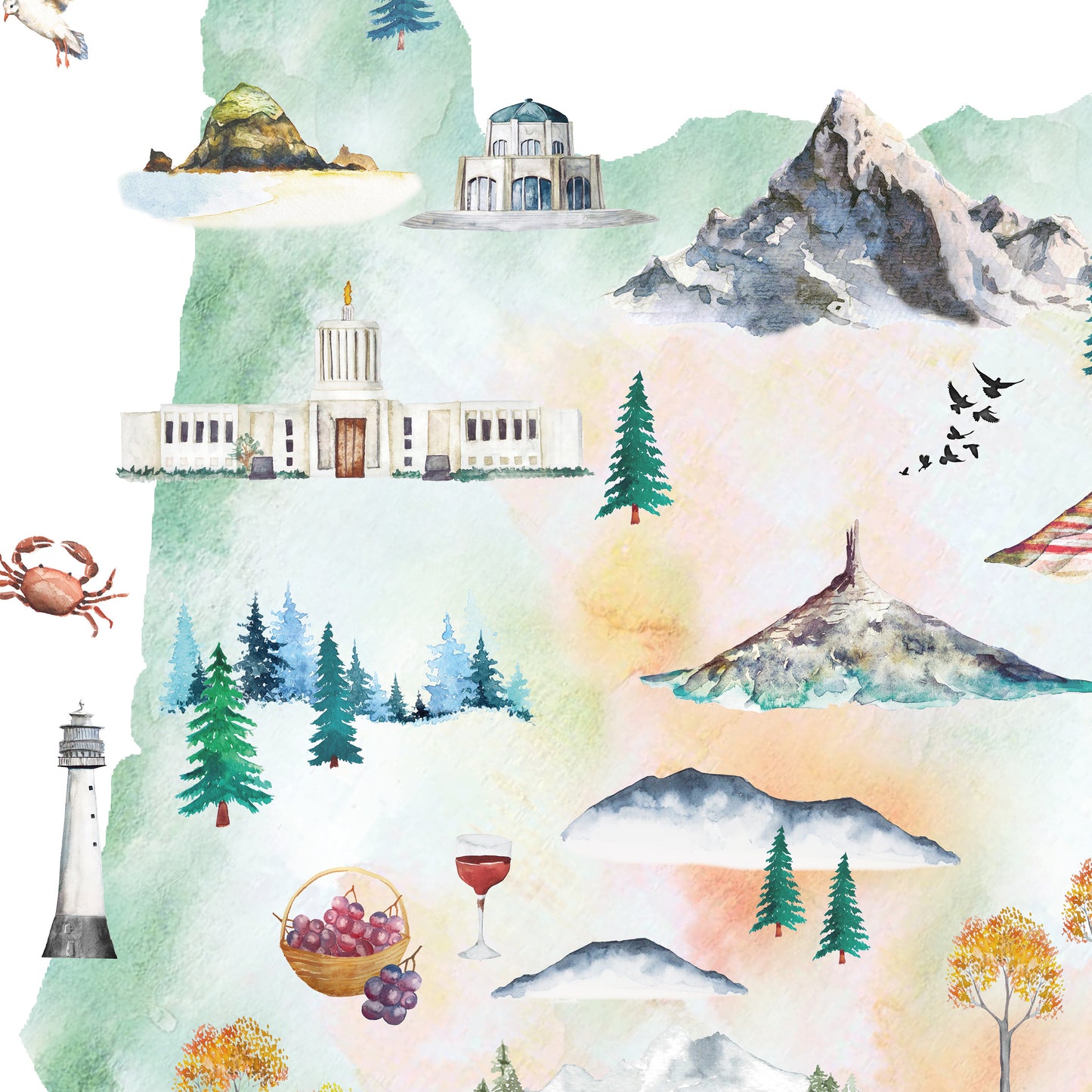 The image is a collage of various watercolor-style illustrations depicting different landscapes, buildings, and objects, including mountains, pine trees, a lighthouse, a crab, grapes, and a wine glass.