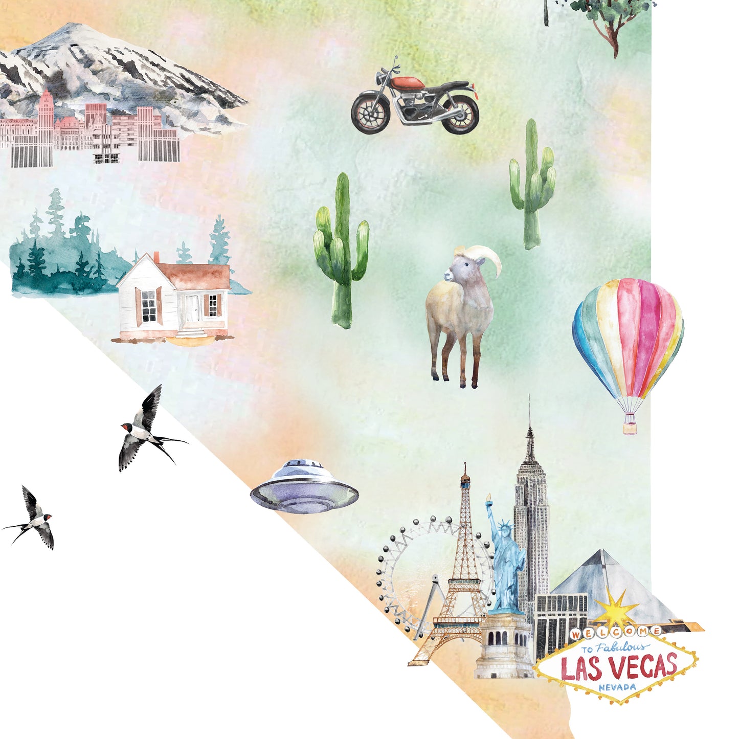 The image is a collage of various iconic landmarks and symbols associated with Las Vegas, including a mountain, a motorcycle, a hot air balloon, a house, a camel, a bird, a ferris wheel, and the Las Vegas sign.