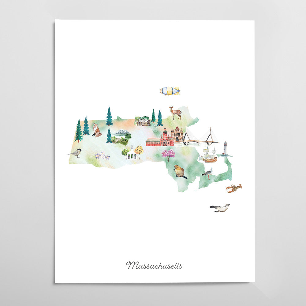 The image is a watercolor map of Massachusetts, depicting various landmarks and natural features of the state.