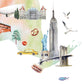 The image is a collage of various iconic landmarks and symbols, including the Statue of Liberty, the Empire State Building, a bridge, a hot dog, and a seagull.