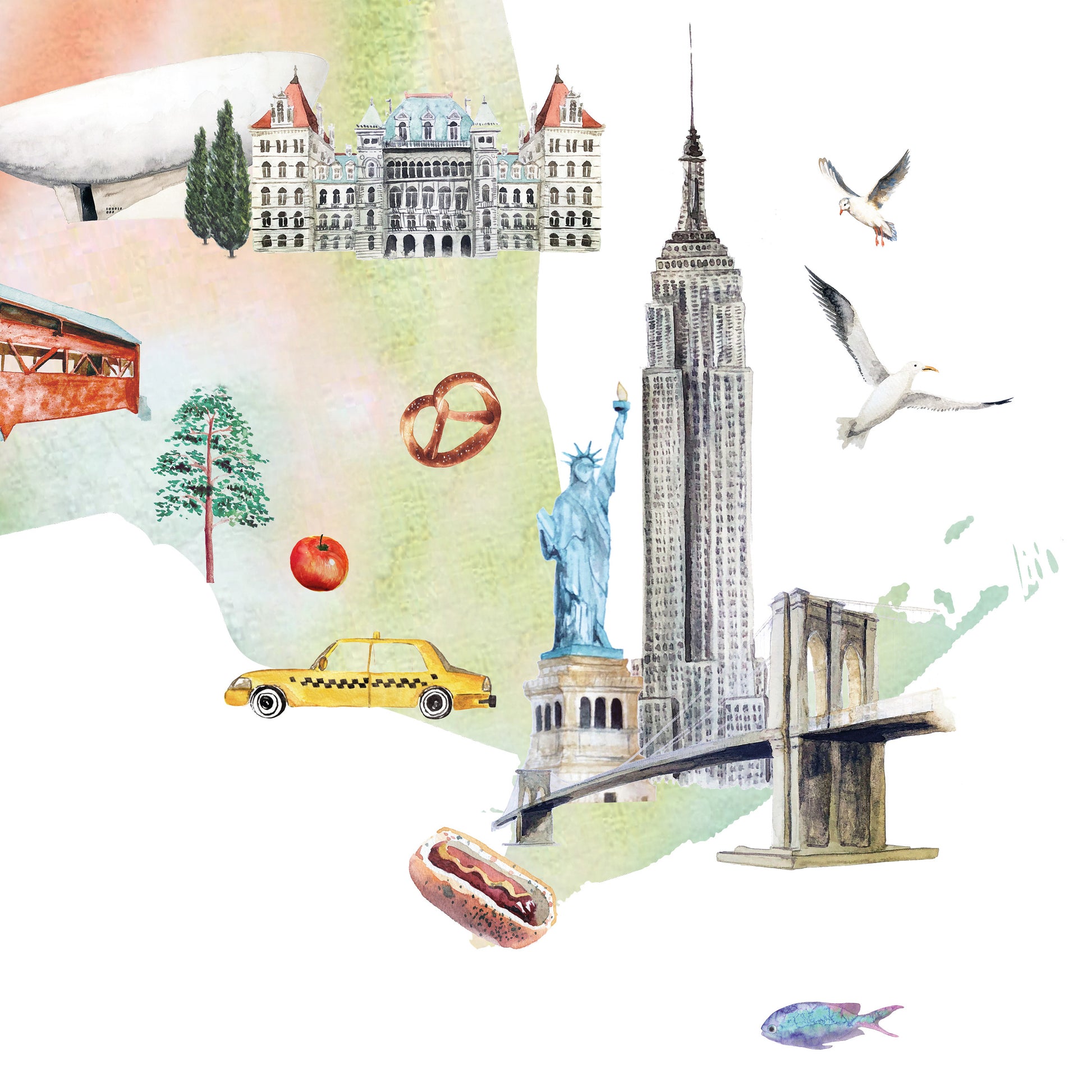 The image is a collage of various iconic landmarks and symbols, including the Statue of Liberty, the Empire State Building, a bridge, a hot dog, and a seagull.
