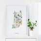a framed watercolor illustration of the state of Indiana, with various landmarks and symbols representing the state's unique characteristics.