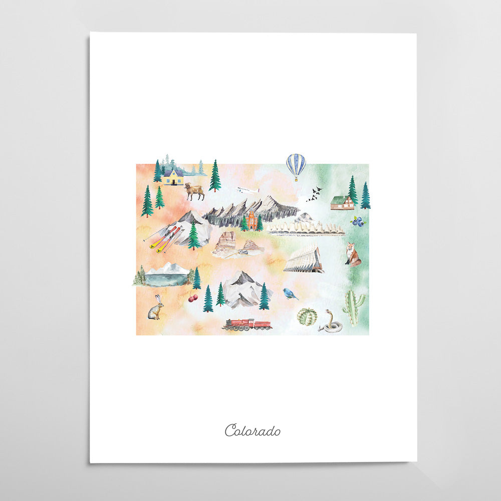 The image is a colorful illustration depicting various elements associated with Colorado, including mountains, forests, hot air balloons, and other natural and man-made features.
