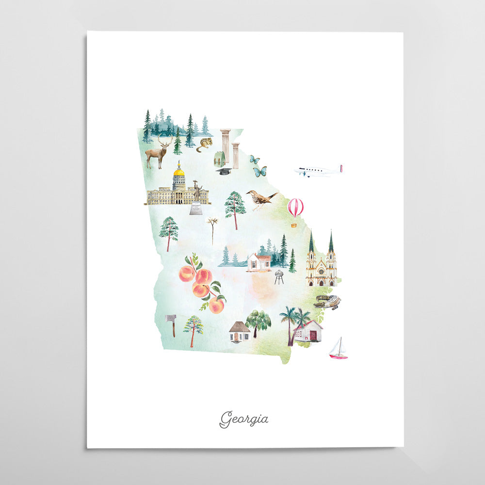The image is a watercolor illustration depicting various landmarks and scenes from Georgia, including a castle, a hot air balloon, a peach tree, and a bird.