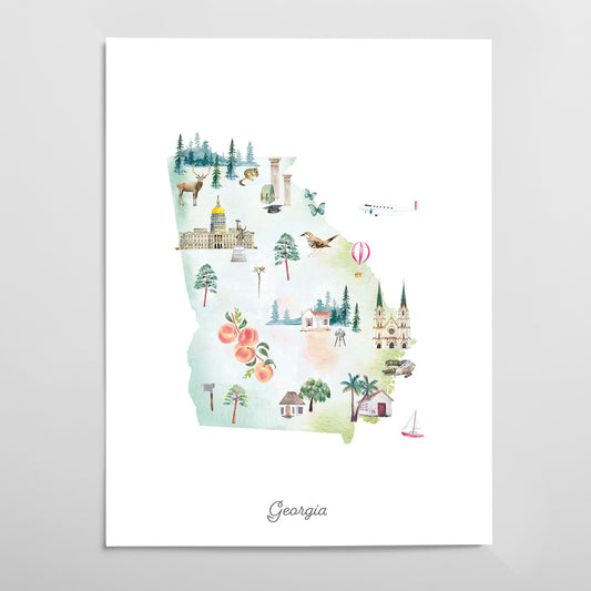 The image is a watercolor illustration depicting various landmarks and scenes from Georgia, including a castle, a hot air balloon, a peach tree, and a bird.