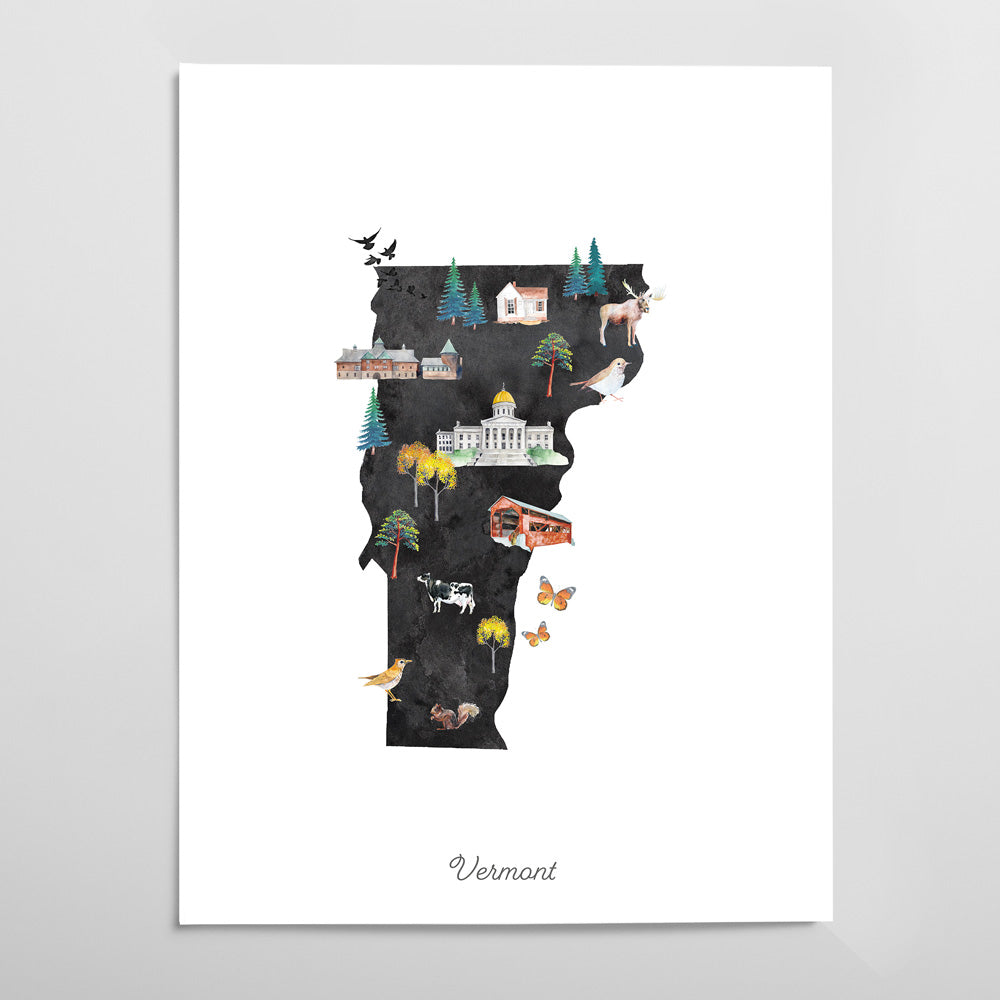 The image is a watercolor illustration depicting various landmarks and scenes from Vermont, including a castle, a horse, a cow, and a bird.
