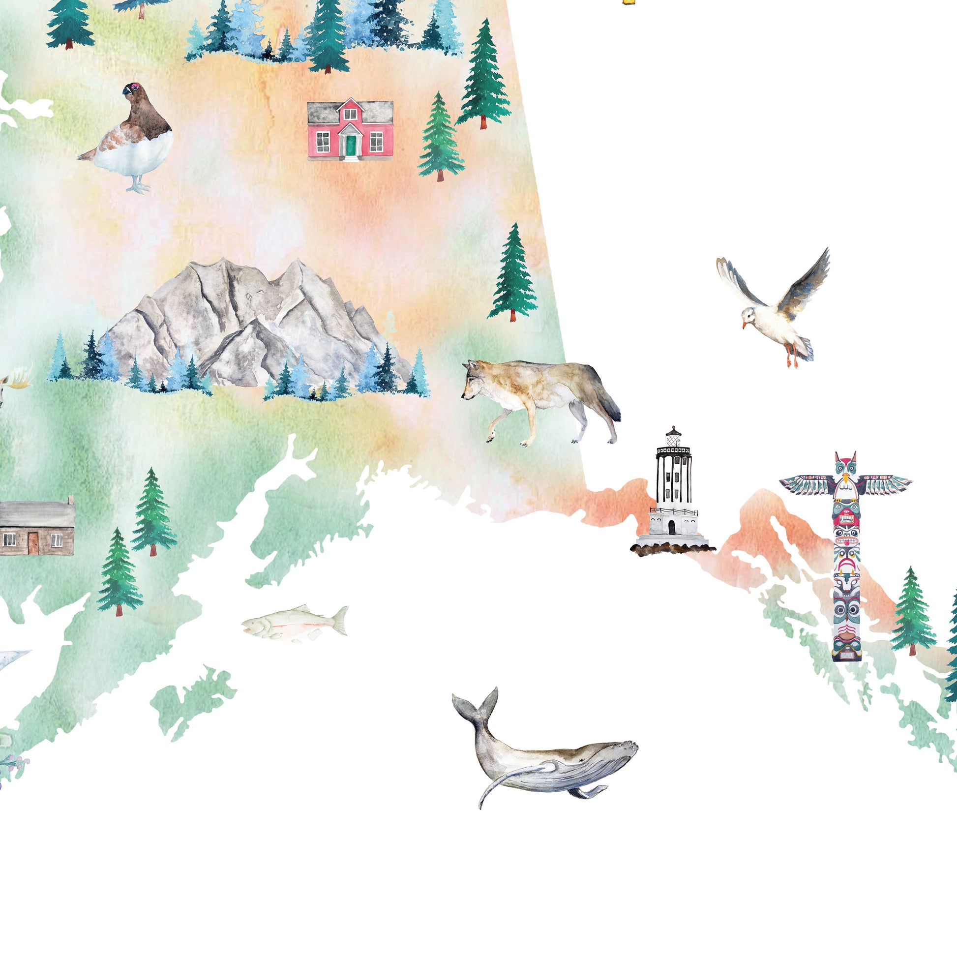 The image is a watercolor painting depicting various elements of Alaska, including mountains, a lighthouse, a bird, a wolf, a whale, and a moose.