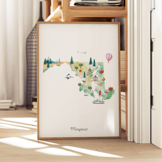 A framed watercolor illustration of a map of Maryland, featuring various landmarks and symbols.