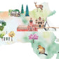 The image is a collage of various landmarks and natural elements, including a castle, a bridge, a deer, a tree, a building, and a bird.