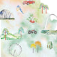 The image is a collage of various elements, including a bird, a car, a motorcycle, a bridge, a ferris wheel, trees, and a backpack, all set against a watercolor background.