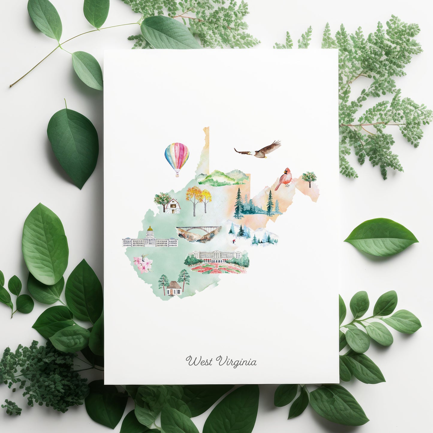 The image is a watercolor illustration of the state of West Virginia, featuring various landmarks and natural scenery.