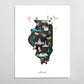 A stylized map of Illinois, featuring various landmarks and symbols representing the state, including hot air balloons, buildings, and animals.