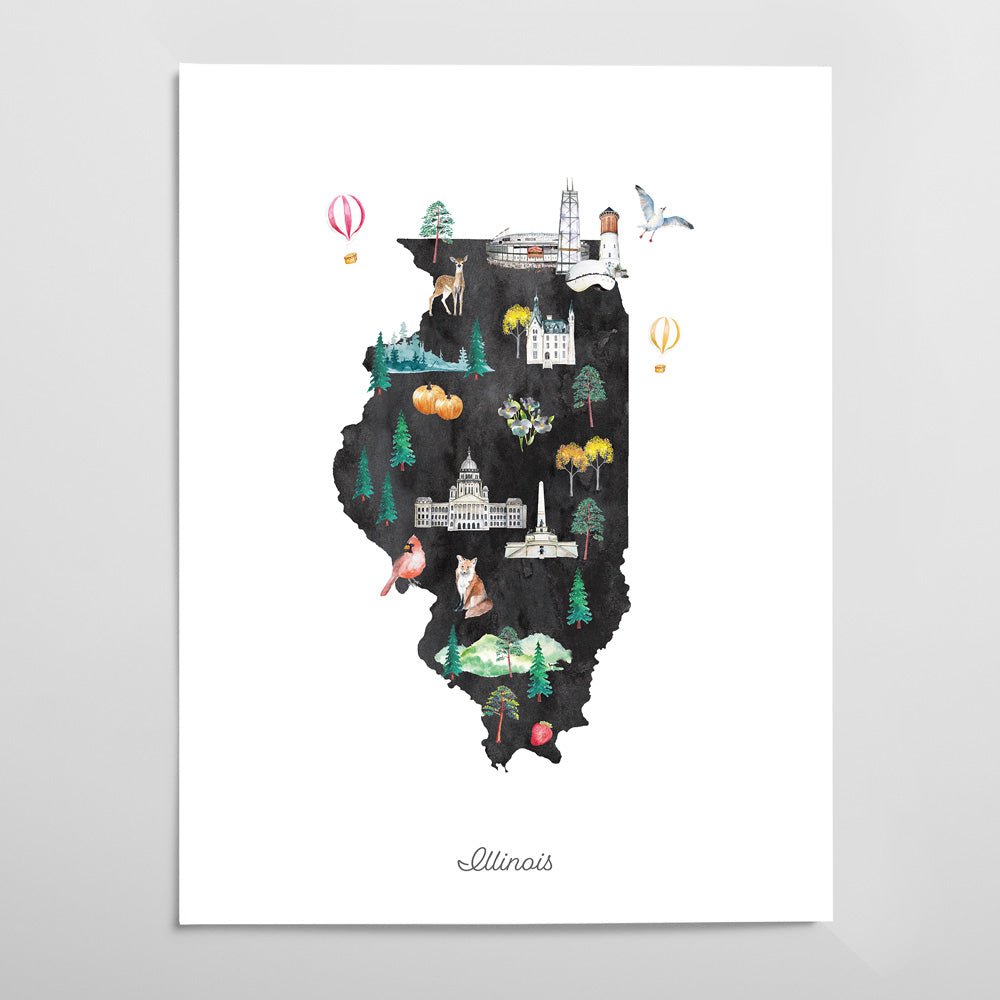A stylized map of Illinois, featuring various landmarks and symbols representing the state, including hot air balloons, buildings, and animals.