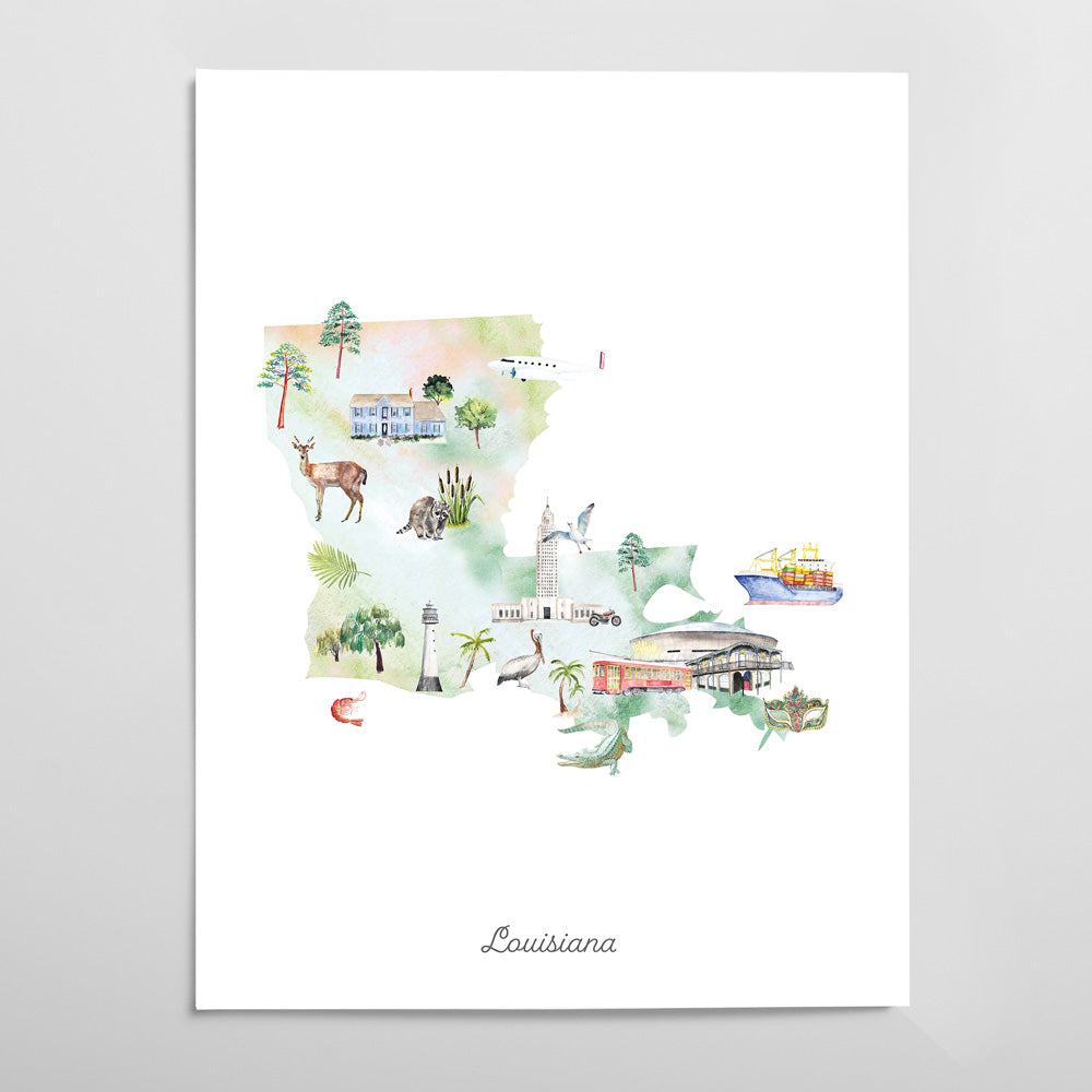 The image is a watercolor illustration depicting various landmarks and scenes from Louisiana, including a lighthouse, a boat, a building, and a deer.