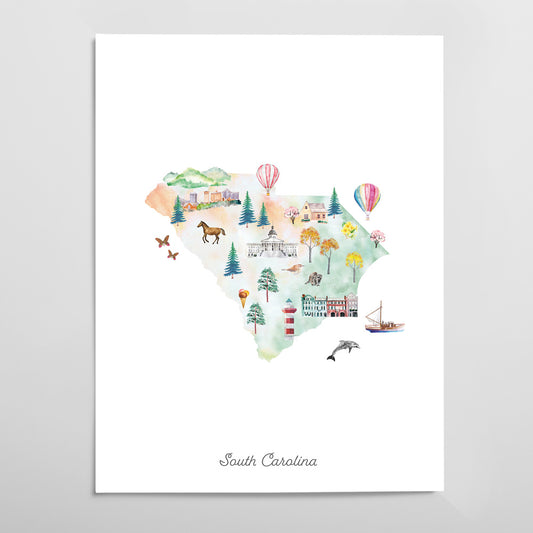 The image is a watercolor illustration depicting various landmarks and scenes from South Carolina, including a horse, hot air balloons, a lighthouse, and a bird.