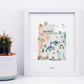 A framed watercolor illustration depicting various scenes and landmarks of Utah, including mountains, cacti, buildings, and wildlife.